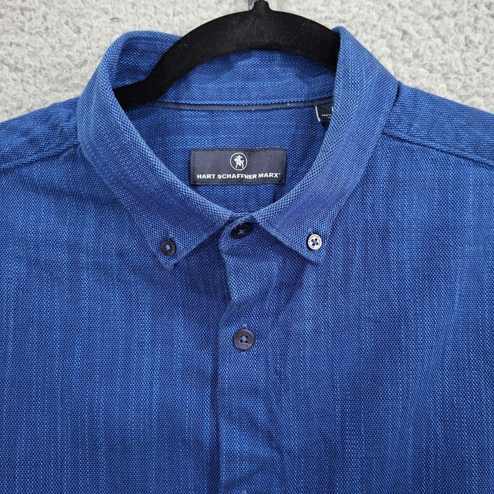 Hart Schaffner Marx Mens Short Sleeve Button Up Shirt L Blue Hopsack Loose Weave